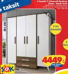 TİAMOB 4 KAPAKLI 2 ÇEKMECELİ GARDIROP BEYAZ - BAROK CEVİZ